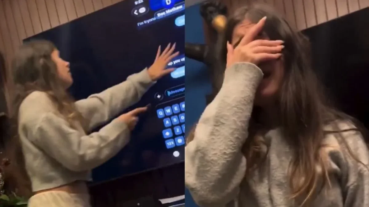 Conversación de celular proyectada en una televisión durante un video viral sobre una presunta infidelidad