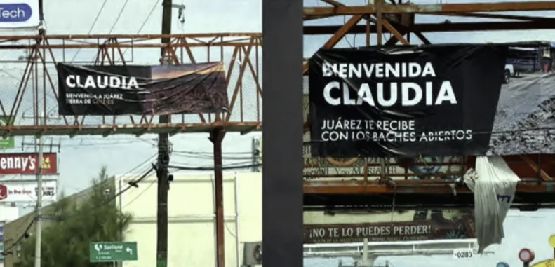 Lonas con reclamos por baches colocadas en un puente peatonal de Ciudad Juárez