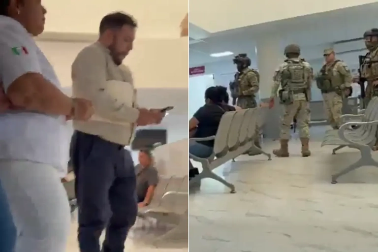 Elementos de seguridad durante un operativo dentro del Centro Médico del ISSET en Villahermosa