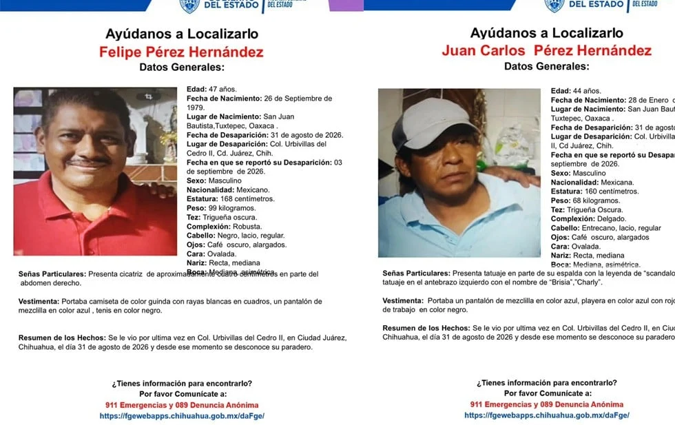 Pesquisas de los hermanos Juan Carlos y Felipe Pérez Hernández desaparecidos en Ciudad Juárez
