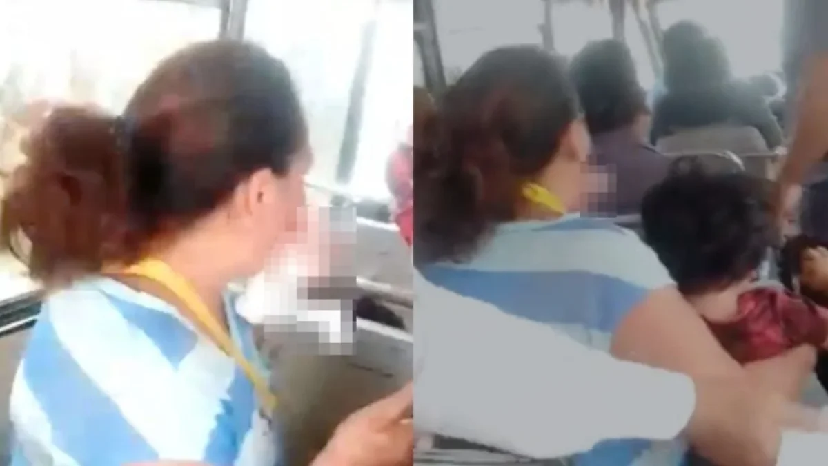 Mujer lesionada carga a su hijo tras accidente en transporte público de Puebla
