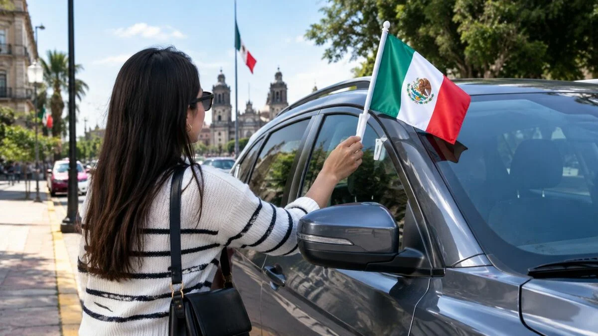 Bandera de México colocada en un automóvil durante los festejos patrios