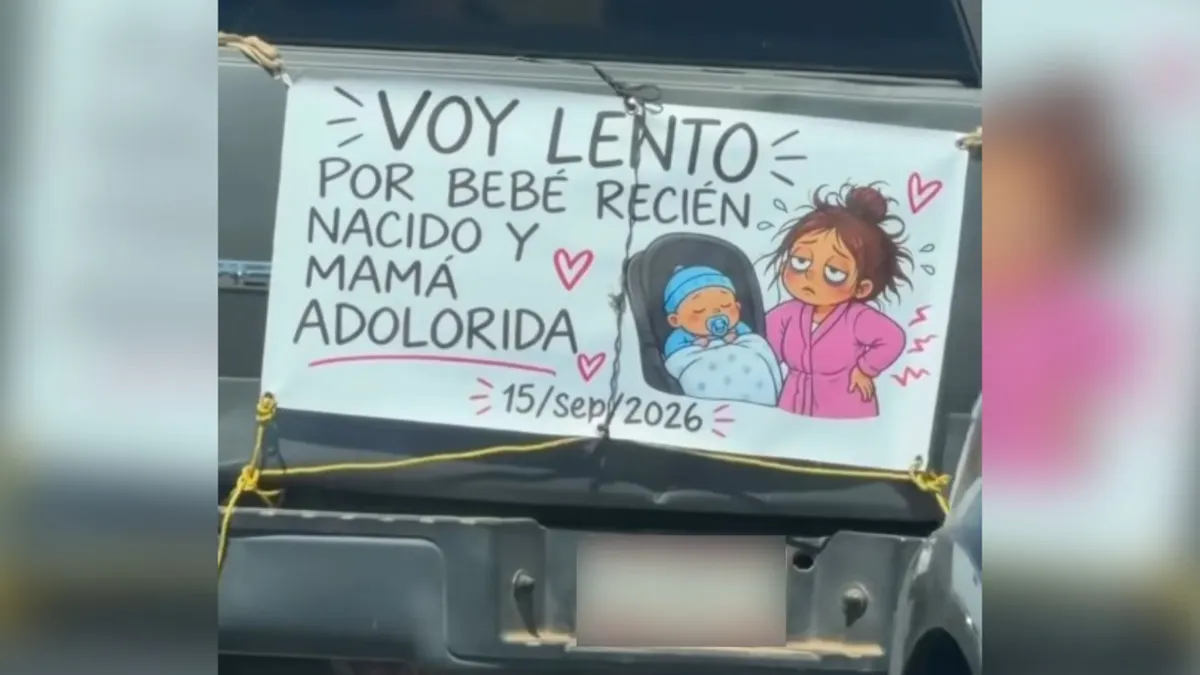 Aviso en camioneta de papá que lleva a un bebé recién nacido y a la mamá adolorida