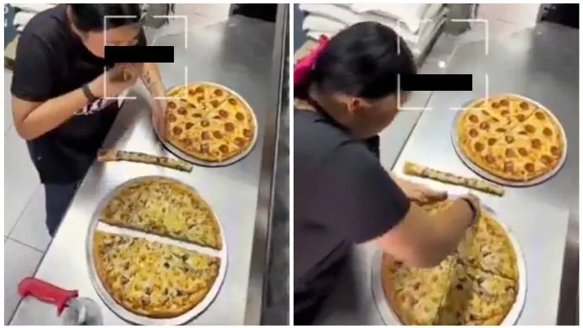 Empleada retira una franja de una pizza antes de cortarla