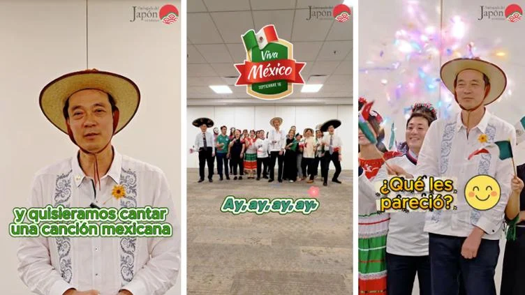 Embajador de Japón en México y funcionarios interpretan Cielito Lindo con sombreros y banderas mexicanas