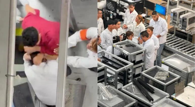 ¡Excelente ambiente laboral! Captaron pelea en Foxconn de Las Torres
