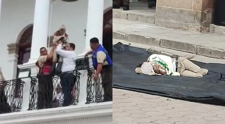 Representación escolar de Juan Escutia con un menor y adultos sosteniendo una lona