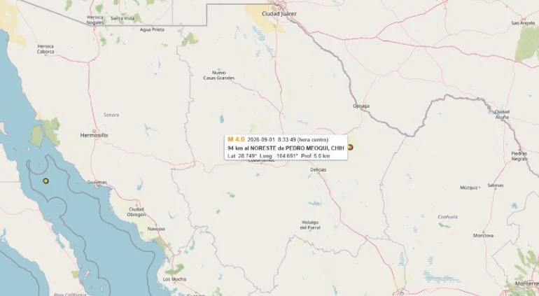 Localización del sismo de magnitud 4.0 registrado cerca de Julimes, Chihuahua