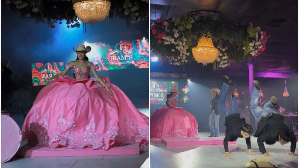 Romina y sus chambelanes interpretan la Danza de la Iguana durante una fiesta de XV años en Pasadena, Texas
