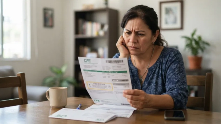 Persona revisando el consumo y las advertencias de un recibo de electricidad de la CFE