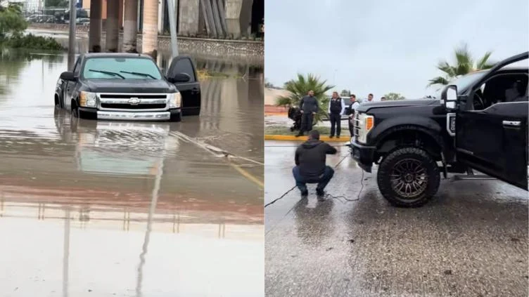 Camioneta varada en inundación de avenida De las Torres y Paseo de la Victoria en Ciudad Juárez