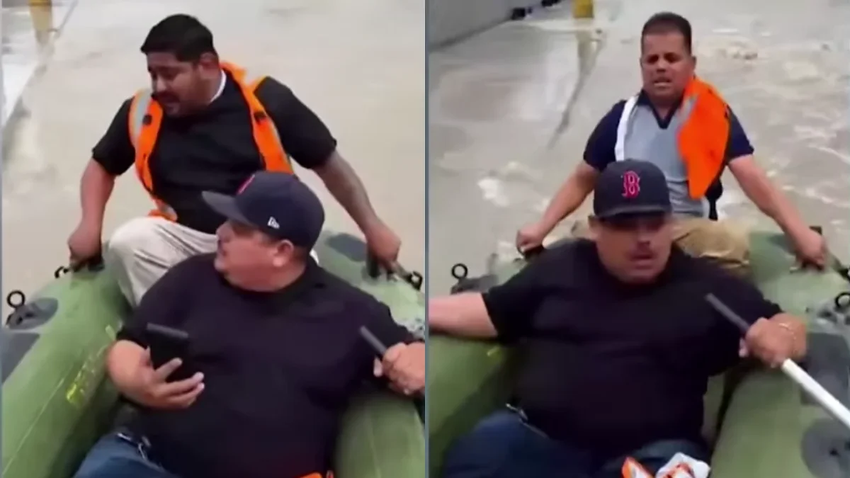 Juarense recorre una calle inundada en una lancha inflable