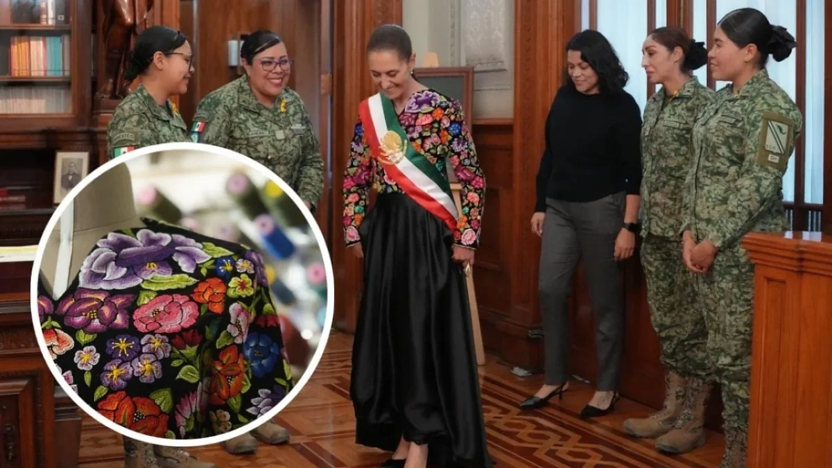 Claudia Sheinbaum con vestido bordado del Istmo de Tehuantepec durante el Grito 2026