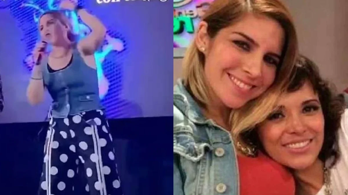 Karla Panini canta alabanzas cristianas sobre un escenario durante un evento religioso