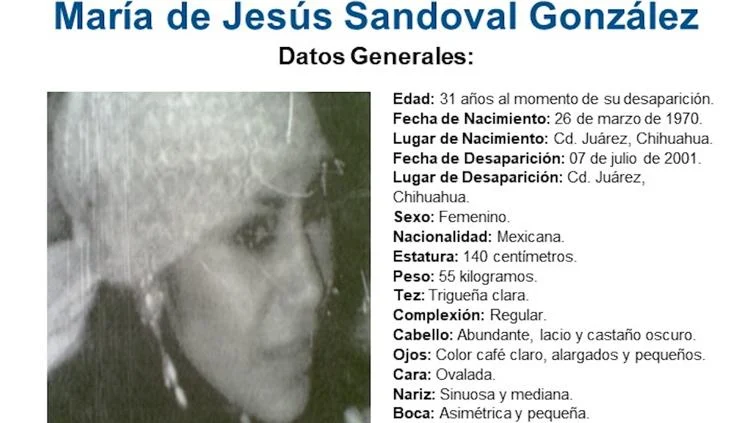 Ficha de búsqueda de María de Jesús Sandoval González, desaparecida desde julio de 2001