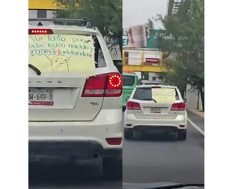 Cartel de conductor que pide paciencia por trasladar a una mamá y una bebé recién nacida