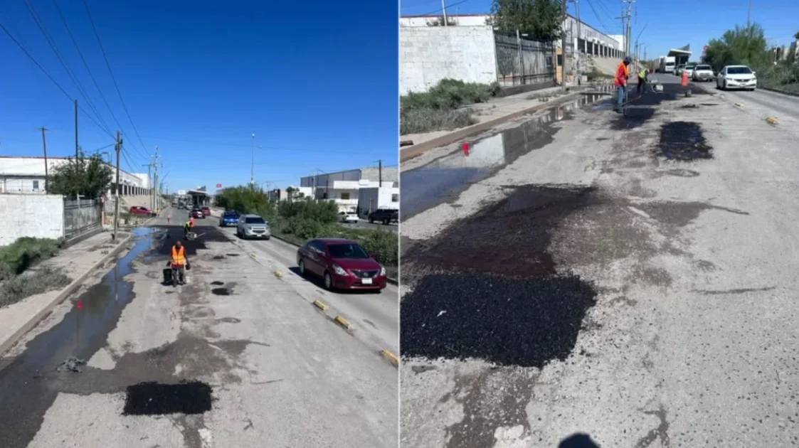 Trabajadores de Obras Públicas reparan baches en una calle de Ciudad Juárez