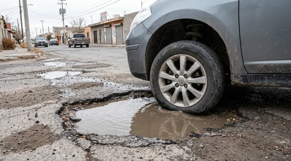 Automóvil afectado por un bache en una calle de Ciudad Juárez