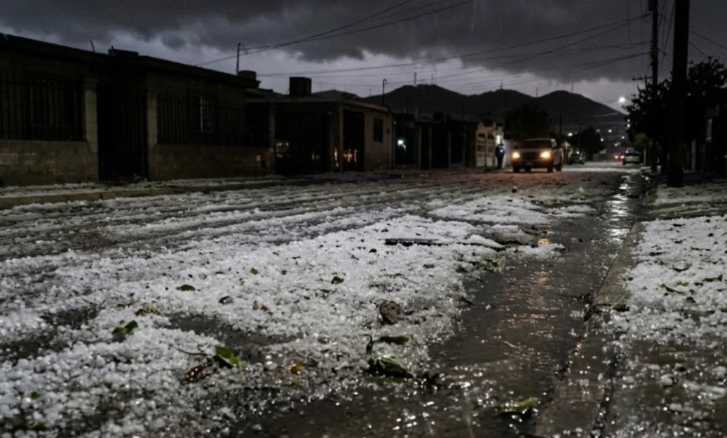 Caída de granizo y lluvia intensa durante una tormenta en Ciudad Juárez
