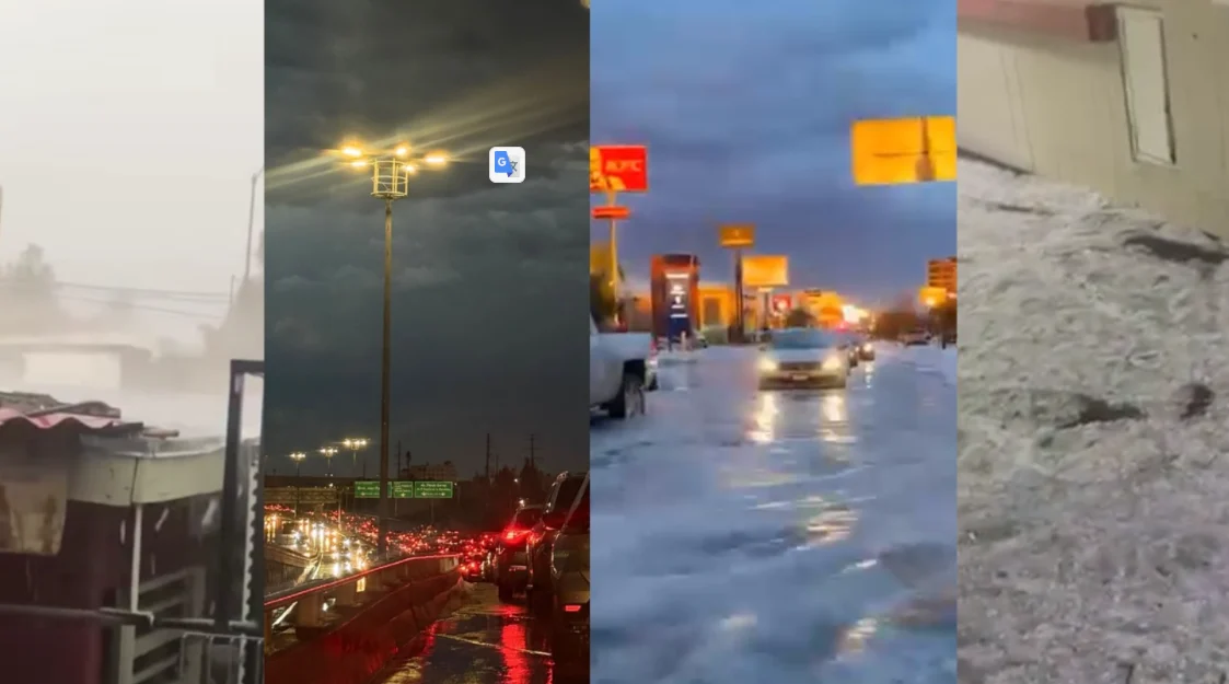 Granizo acumulado en calles de Ciudad Juárez tras una fuerte tormenta