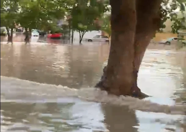 Vehículos varados por la inundación en Jardines de San Carlos II de Ciudad Juárez