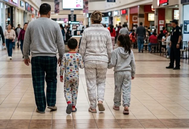 Joven con pantalones estilo pijama en una plaza comercial de Ciudad Juárez