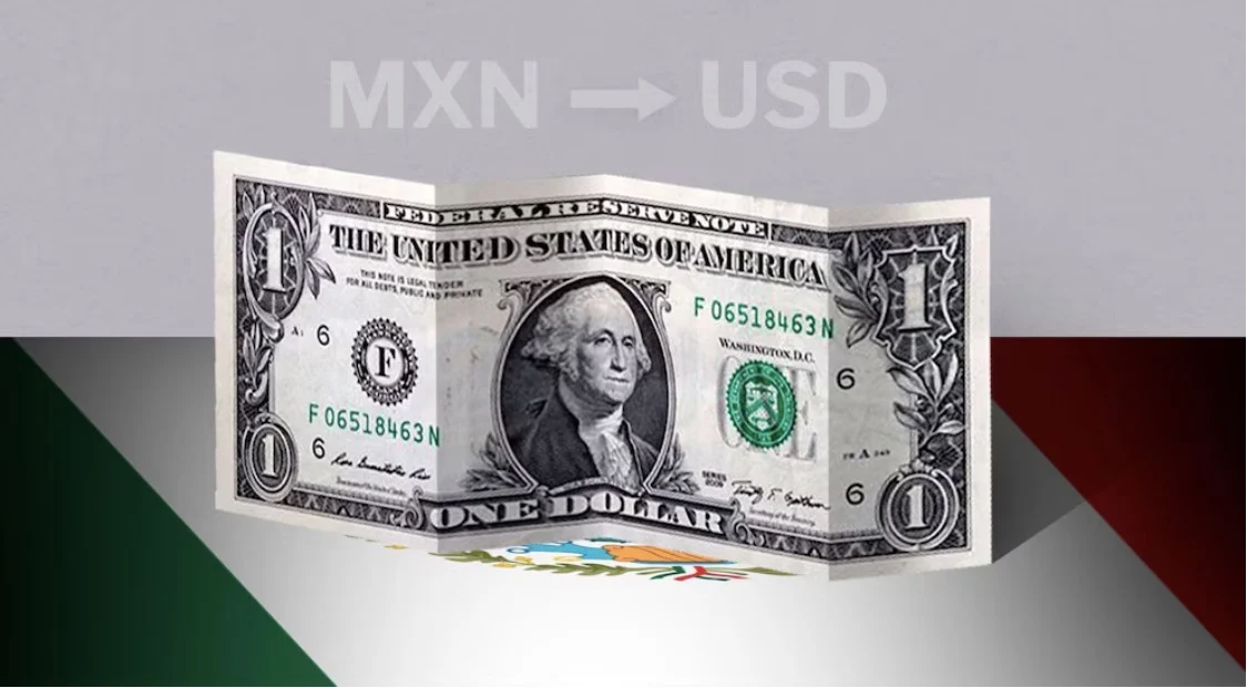 Billetes de dólar y pesos mexicanos junto a una calculadora de tipo de cambio en Ciudad Juárez