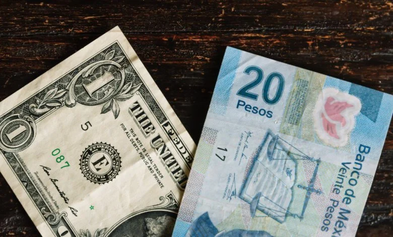 Billetes de dólar y pesos mexicanos junto a una referencia del tipo de cambio