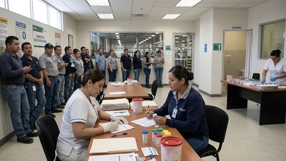 Trabajadores ingresan a una maquiladora de Ciudad Juárez donde podrían solicitar prueba antidoping