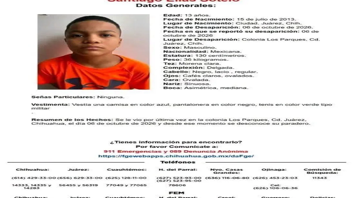 Ficha de búsqueda de Santiago Elías Sotelo, adolescente desaparecido en Ciudad Juárez