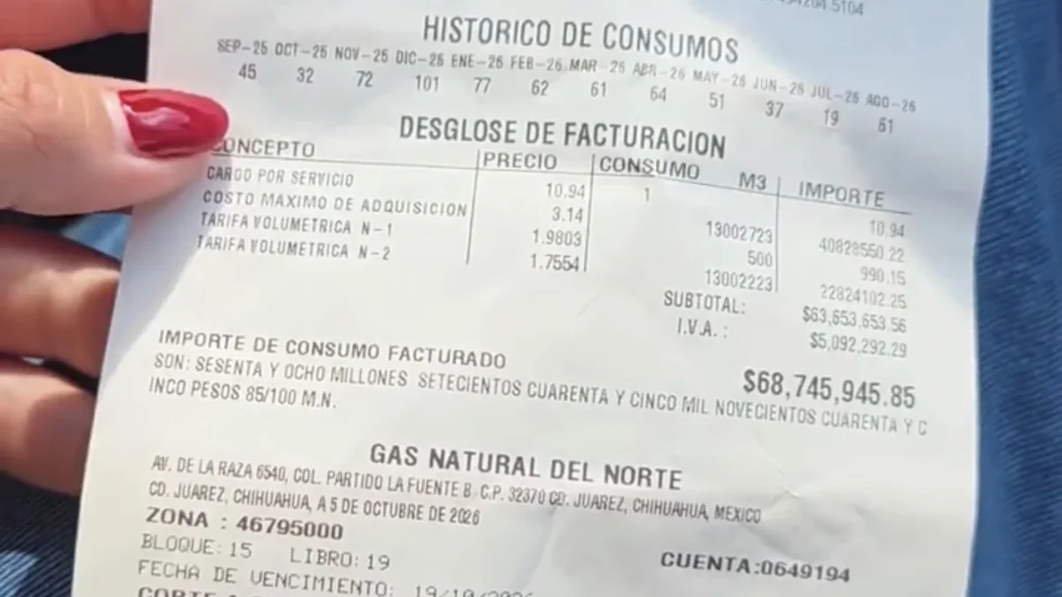 Recibo de gas con cobro de casi 70 millones de pesos en Ciudad Juárez