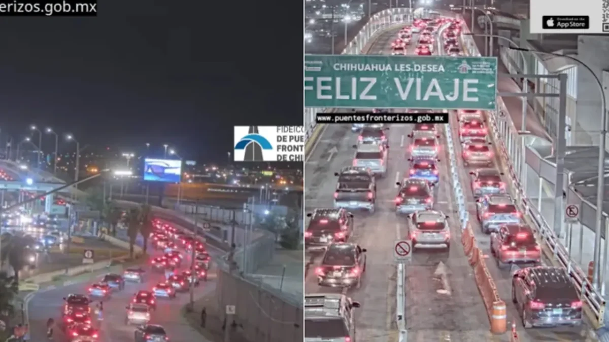 Fila de vehículos detenidos en un puente internacional de Ciudad Juárez por una falla de CBP