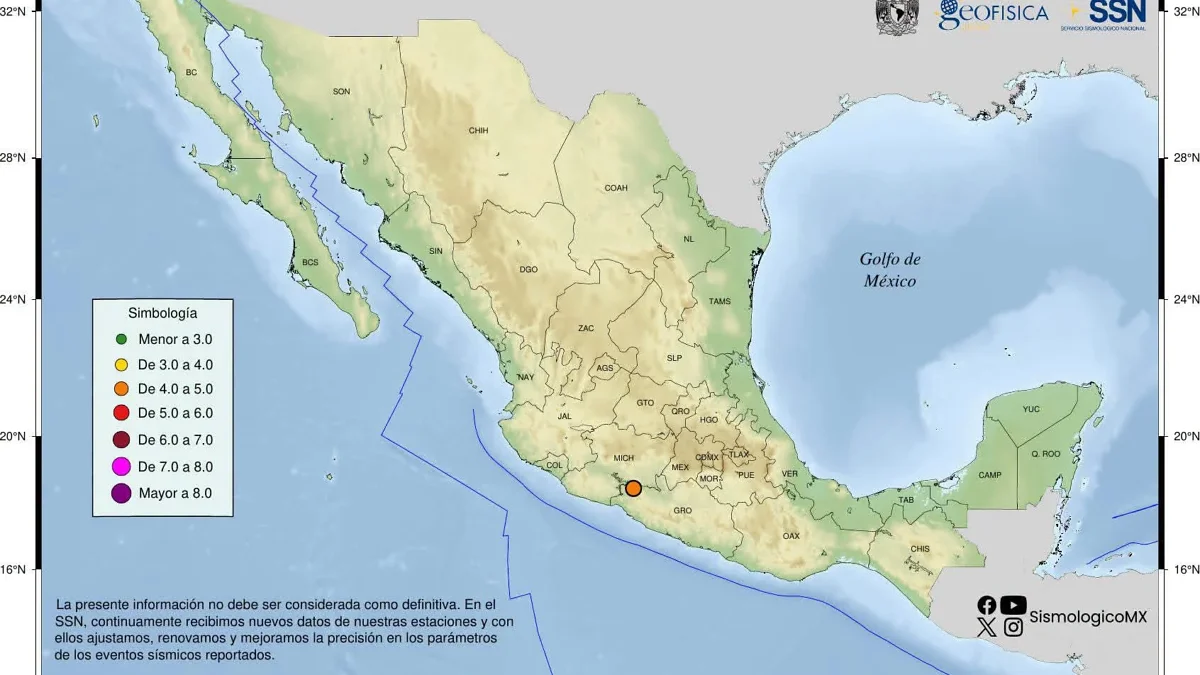 Mapa del epicentro del sismo de magnitud 4.1 al suroeste de Huetamo, Michoacán
