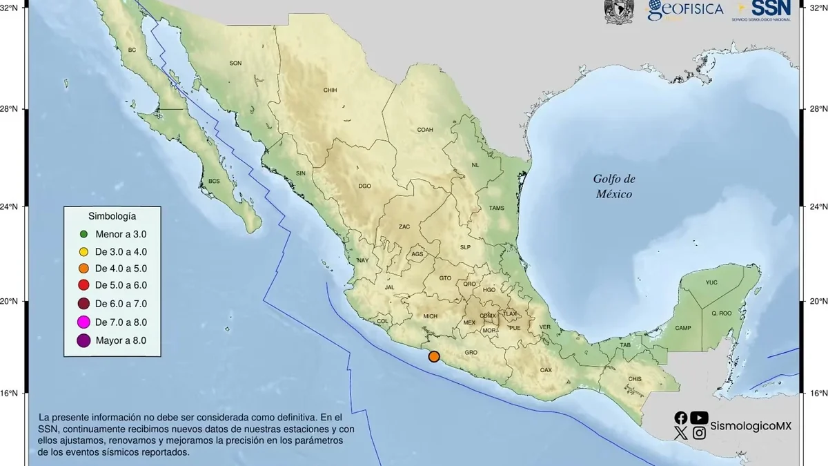 Mapa de localización del sismo de magnitud 4.3 cerca de Zihuatanejo, Guerrero