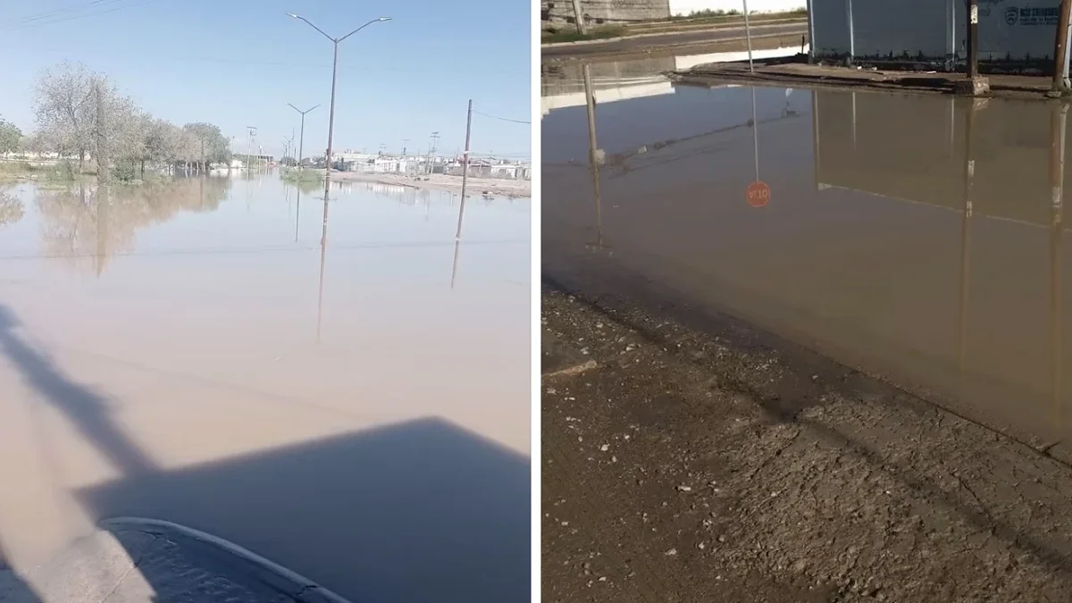 Calles inundadas frente a la primaria 15 de Mayo en Las Almeras, Ciudad Juárez
