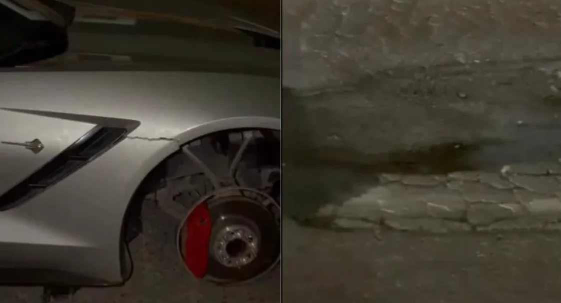 Bache en una calle de Ciudad Juárez que puede provocar daños a los vehículos