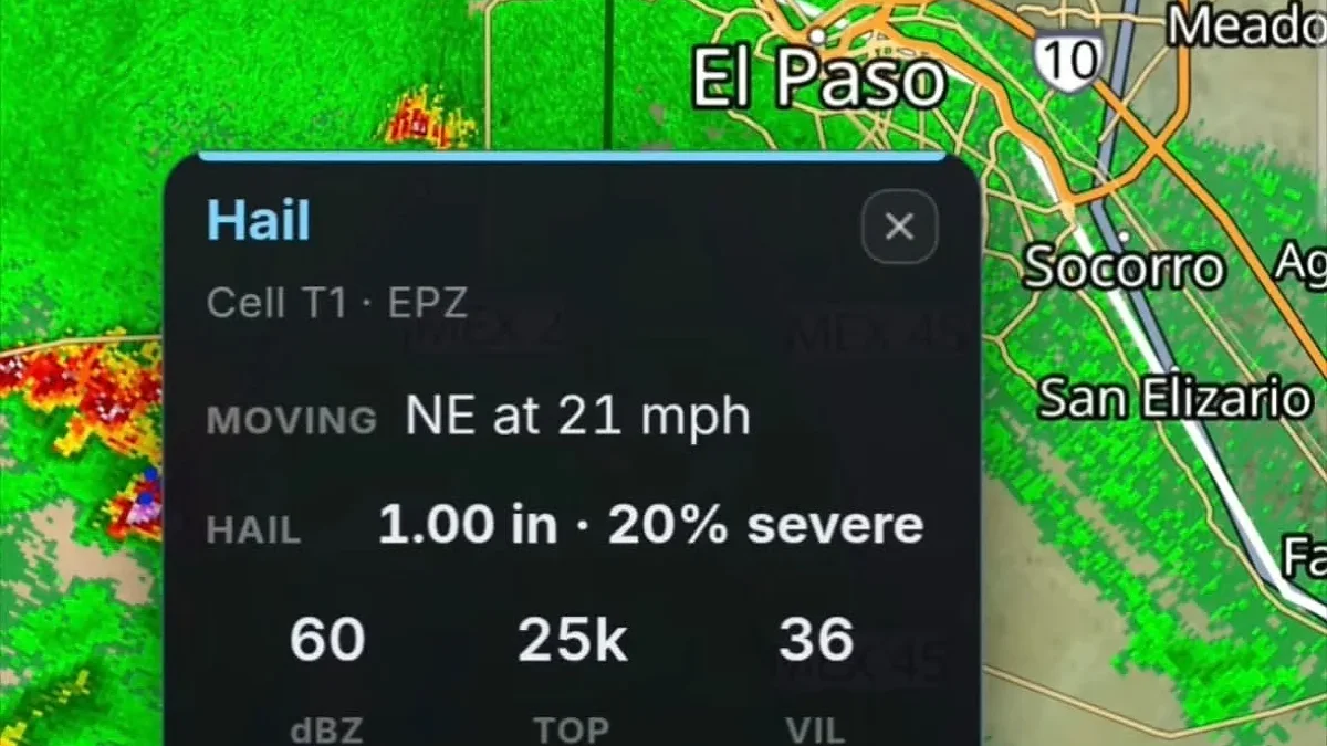 Radar de tormenta con potencial de granizo avanzando hacia Anapra