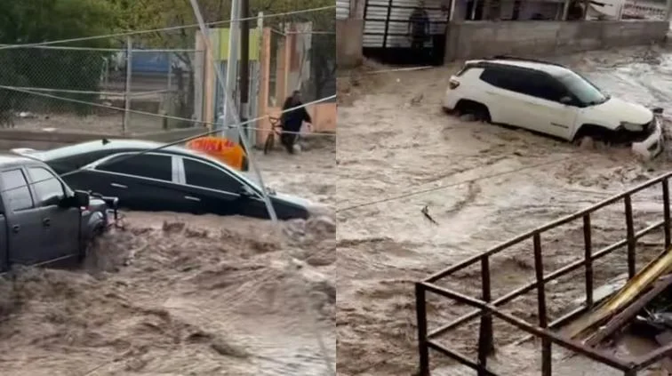 Corriente de agua arrastra vehículos en la colonia Fronteriza Baja de Ciudad Juárez
