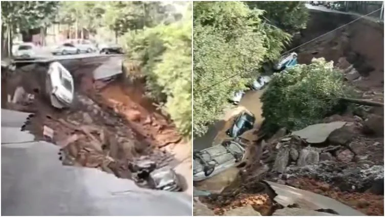 Enorme socavón abierto en una carretera de Kunming con varios automóviles afectados