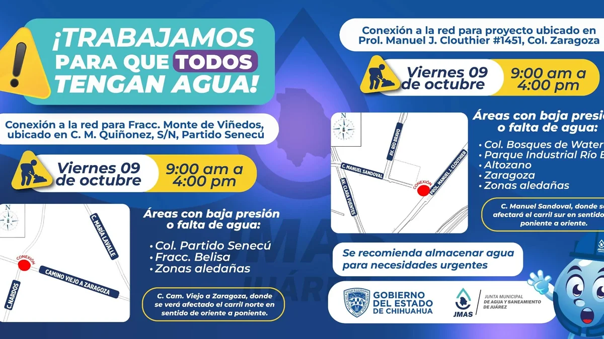 Trabajos de conexión de agua potable de la JMAS en Ciudad Juárez