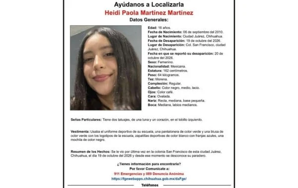 Heidi Paola Martínez Martínez, adolescente de 16 años reportada como ausente en Ciudad Juárez