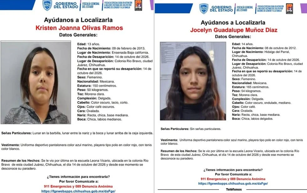 Fichas de búsqueda de Kristen Joanna Olivas Ramos y Jocelyn Guadalupe Muñoz Díaz en Ciudad Juárez