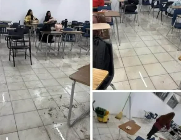 Salón inundado en el CBTis 128 de Ciudad Juárez tras las tormentas