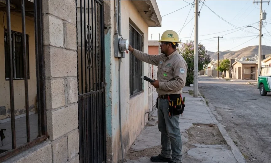 Medidor de electricidad inspeccionado durante revisiones atribuidas a cuadrillas de la CFE en Ciudad Juárez