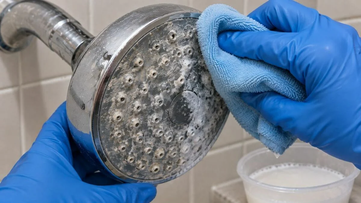 Limpieza de los orificios de una ducha con acumulación de sarro