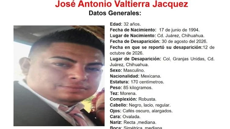 Ficha de búsqueda de José Antonio Valtierra Jacquez, desaparecido en Granjas Unidas