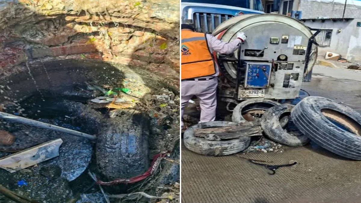 Llantas y basura retiradas del drenaje en la colonia Azteca de Ciudad Juárez