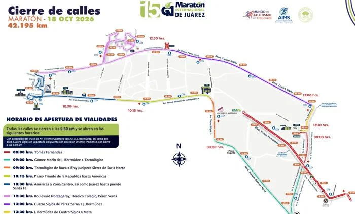 Cierres viales por el Maratón Internacional de Juárez 2026