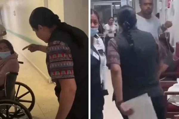 Empleada de IMSS-Bienestar encara a una paciente dentro de un hospital