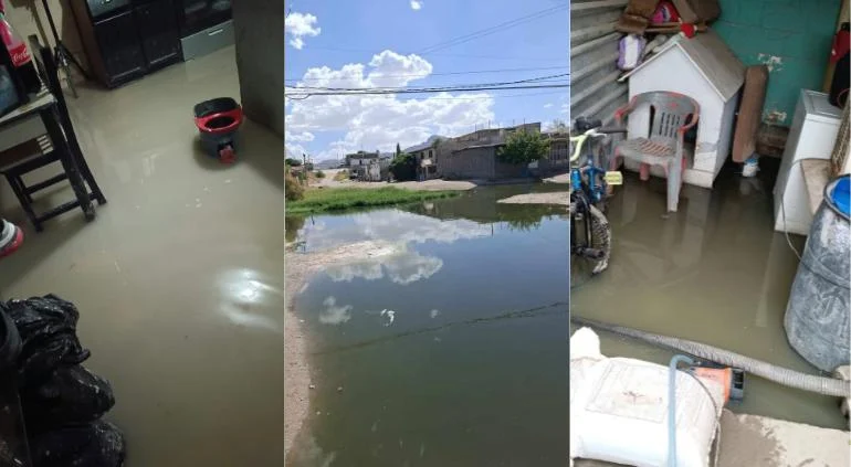 Calle de la colonia Azteca inundada con aguas negras en Ciudad Juárez